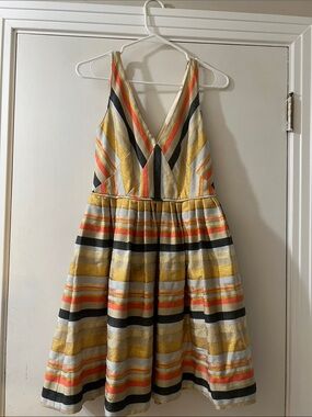 J. Crew Gold, Black, Coral & Cream Striped V-Neck Dress